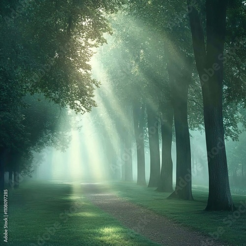 Misty Forest Path with Soft Light Rays Mystical Foggy Mornings ,Winter seasson, Happy New Year, Happy christmass 
