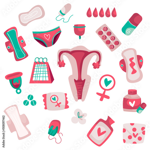 Simple flat illustrations of menstrual days. 