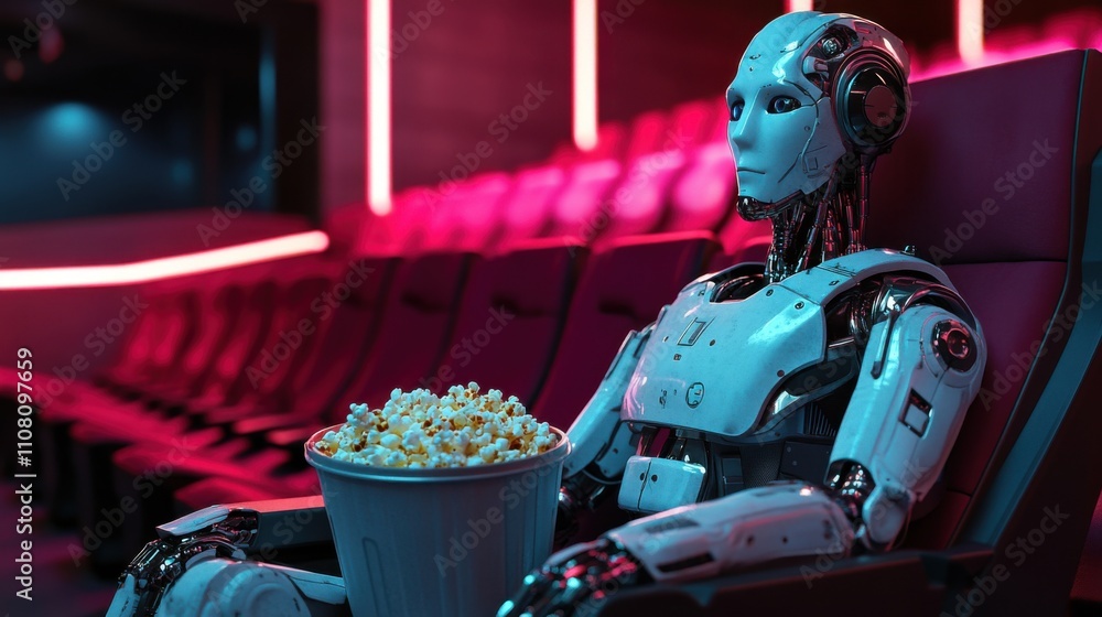 Naklejka premium Roboter im kino mit popcorn