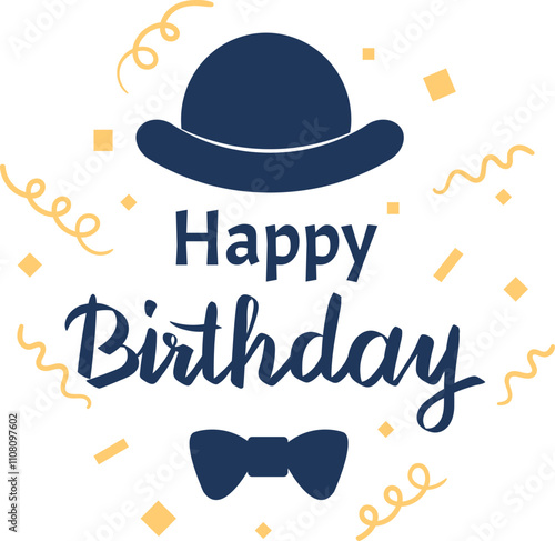 Stylish bowler hat and snazzy bow tie are throwing a joyous birthday bash surrounded by vibrant confetti, exuding elegance and cheer, perfect for special events or holiday gatherings