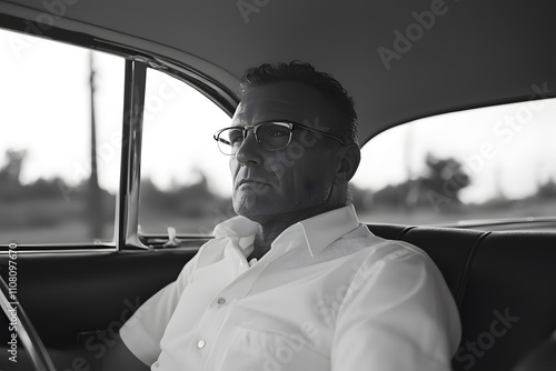 Black and White Image of a 1950s Man Wearing Glasses in a Car – Vintage Style, Classic Fashion, and Mid-20th Century Automotive Era photo