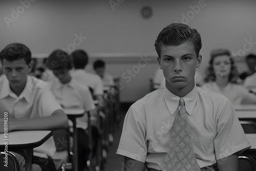 Black and White Close-Up Shot of a 1950s Teenager in a Classroom – Capturing Vintage Style, Teenage Expression, and Mid-20th Century Education photo