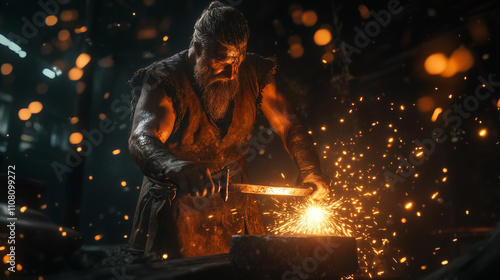 A Viking blacksmith in a dimly lit forge, hammering a glowing blade on an anvil as sparks fly around him photo