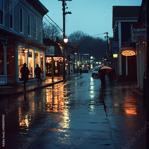 Moody Rainy Evening on Urban Streets with Glowing Lights and Reflections on Wet Pavement Creating a Nostalgic Atmosphere photo