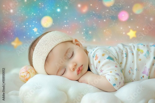Sleepy baby resting peacefully on soft bedding with dreamy background