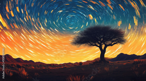  The tree stands tall against the night  sky with swirling star trails. Time-lapse photography with long exposure.
