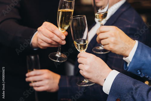 Group of businessmen celebrate, closing successful concluded deal, guests clinking raise glasses with alcohol, sparkling wine, toasting and cheering, colleagues team in office on corporate party event photo