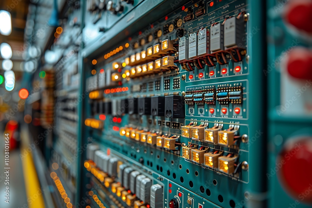 Close-up of a control panel with illuminated switches and circuits. Close-up of a control panel with illuminated switches and circuits.