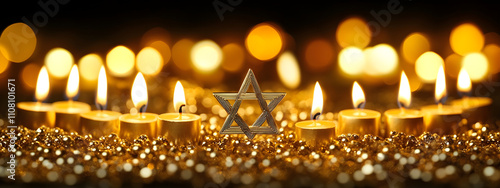 Golden menorah with little candles for hanukkah celebration in Israel. Traditional festive background is Jewish Festival of Lights. Passover, Shavuot, Yom Kippur. Religious concept for greeting card. photo