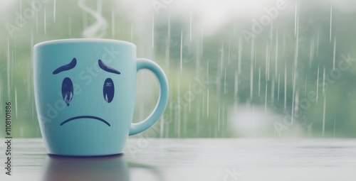 Steaming blue mug with a sad face sits on a table near a window on a rainy day, expressing the concept of blue monday