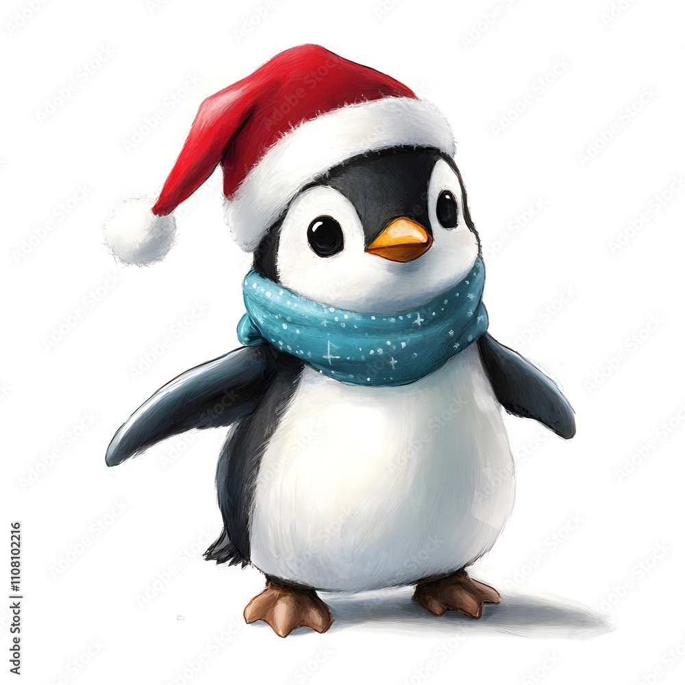 Fototapeta premium Sweet penguin with Santa hat and blue scarf waddles on white background