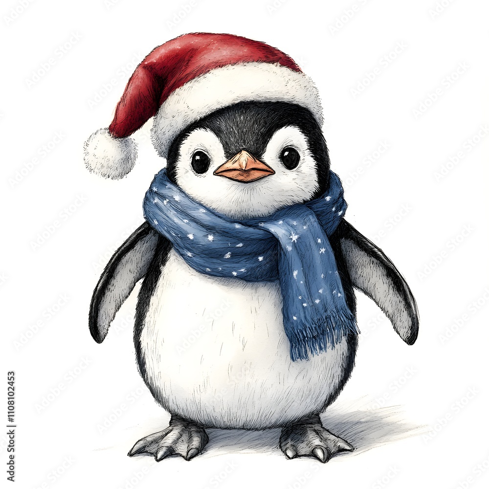 Fototapeta premium Charming penguin with Santa hat and blue scarf on white background