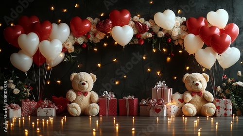 Romantic valentine's day backdrop with heart balloons, roses, and teddy bears for celebrations