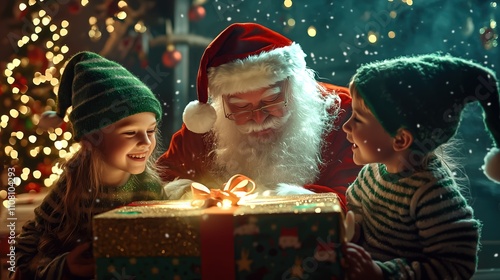 Santa Claus and two smiling children in elf costumes sitting by a glowing gift box, surrounded by warm festive lights and red-green Christmas decorations.