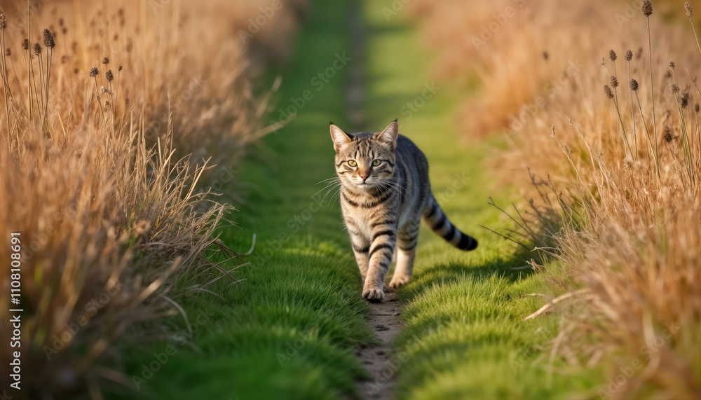 Naklejka premium Cute striped cat walks through grassy field. Sunny day outdoors. Nature scene. Domestic pet exploring. Rural setting. Focus on animal. Outdoor activity. Young cat. Green grass, dry weeds. Close-up