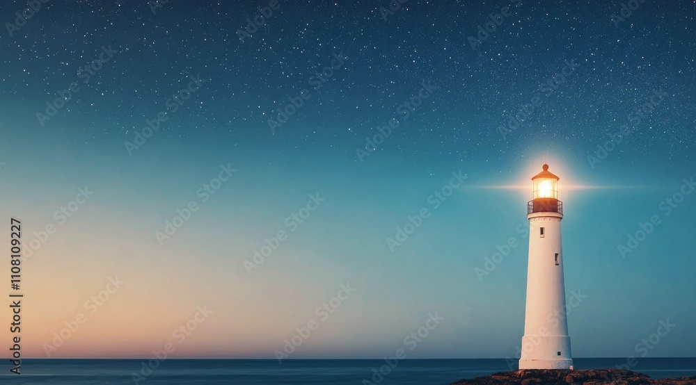 Fototapeta premium Majestic lighthouse guiding ships under a starry sky at twilight