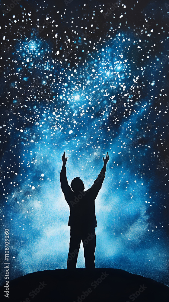 Silhouette of a person reaching out to a starry night sky with vibrant blue and white cosmos Silhouette of a person reaching out to a starry night sky with vibrant blue and white cosmos