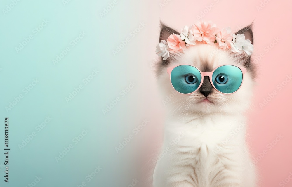 Obraz premium Cute kitten wearing sunglasses and flower crown against a pastel background