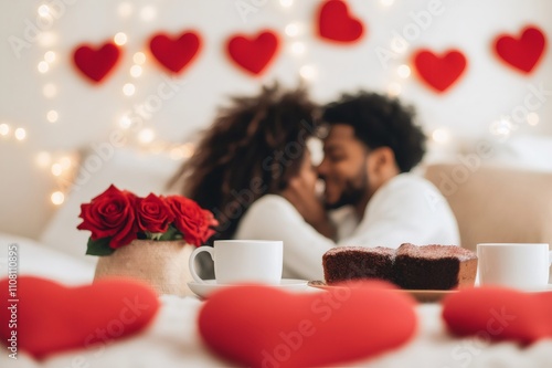 Romantic gay couple kissing on valentine's day with red roses and cake