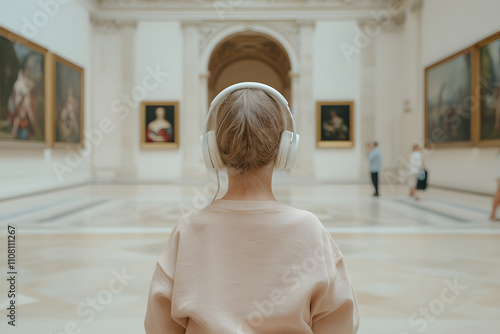 Gen Z Listening to a Music Audio Tour with Headphones While Exploring an Art Museum – Merging Technology and Culture in a Modern Museum Experience photo