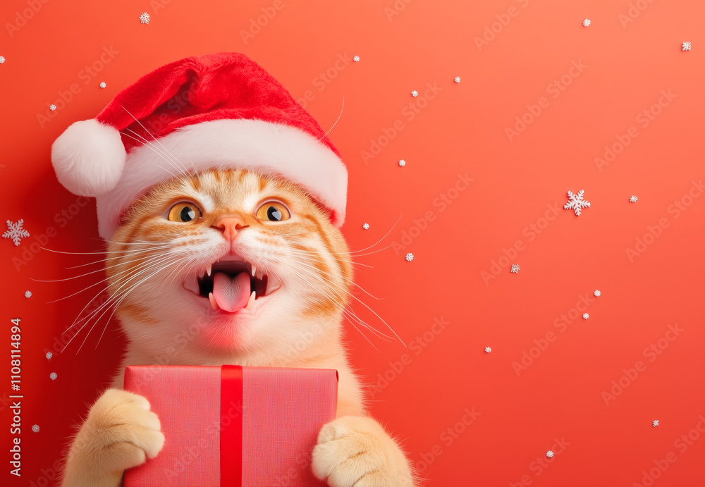 Naklejka premium Happy cat in Santa hat holds gift on festive background