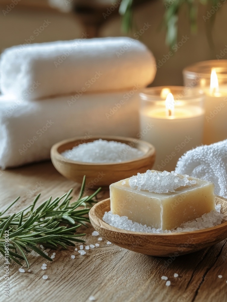 Relaxing spa setup with natural soap and candles on a wooden table Relaxing spa setup with natural soap and candles on a wooden table