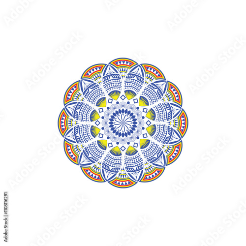 Multicolored ornamental round ornament mandala design for coloring page, greeting card, invitation, tattoo, yoga and spa symbol. Vector illustration
