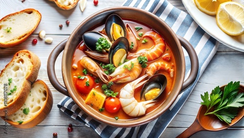 Wallpaper Mural Bouillabaisse with seafood and bread on striped tablecloth Torontodigital.ca