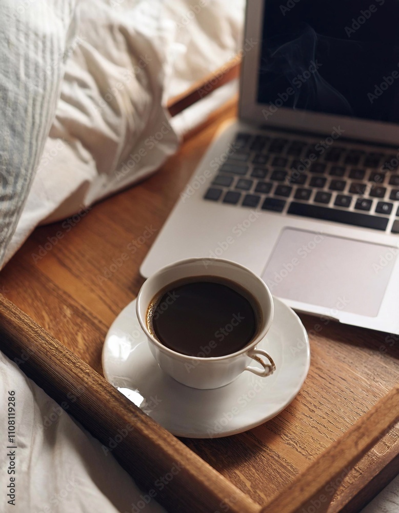 Lazy relaxing morning - coffee, cookies, laptop, pillow on bed linen Lazy relaxing morning - coffee, cookies, laptop, pillow on bed linen