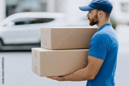 Delivery Man Carrying Boxes with a Blurry Car in the Background – Logistics, E-commerce, and Transportation Themes photo