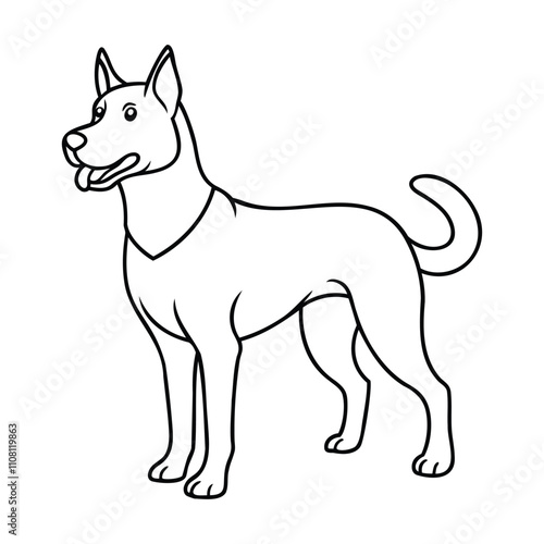 Simple black and white line art of a standing dog with pointed ears, a wagging tail, and a friendly expression
