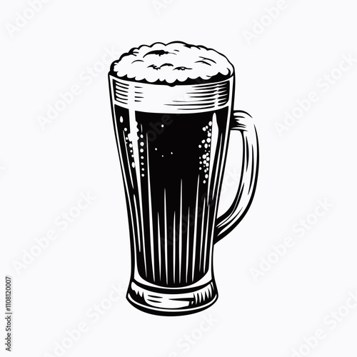 Beer Mug Drawing.
Realistic ink drawing of a frothy beer mug in vintage bar style. Black-and-white etched sketch ideal for brewery menus, pub signage, Oktoberfest design.
