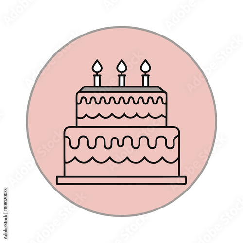 Birthday Cake Icon. Party Event and Bakery Branding Concept
Three-tiered cake with candles in flat vector linework on soft pink. Perfect for birthday flyers, party decor, or bakery websites.