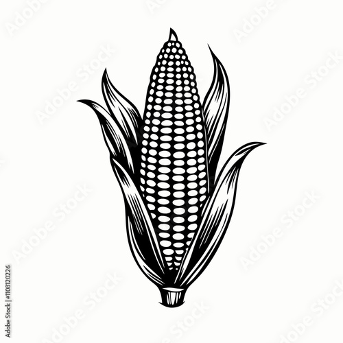 Corn on the Cob Drawing. Harvest and Eco Product Concept
Vintage engraving of corn with husk, black and white. Perfect for farm logos, harvest festival materials, or organic market signage.