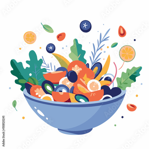 Vibrant blue bowl overflows with colorful tropical fruit salad decorated with fresh herbs. Orange segments, mango, blueberries, greens arranged artfully in playful modern style. Concept health food
