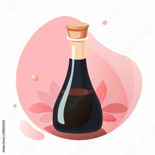 Dark liquid rests in clear corked bottle against pink background. Stylized illustration with leaf accents suggests natural essence. Concept: essential oil, artisanal vinegar, wellness product.