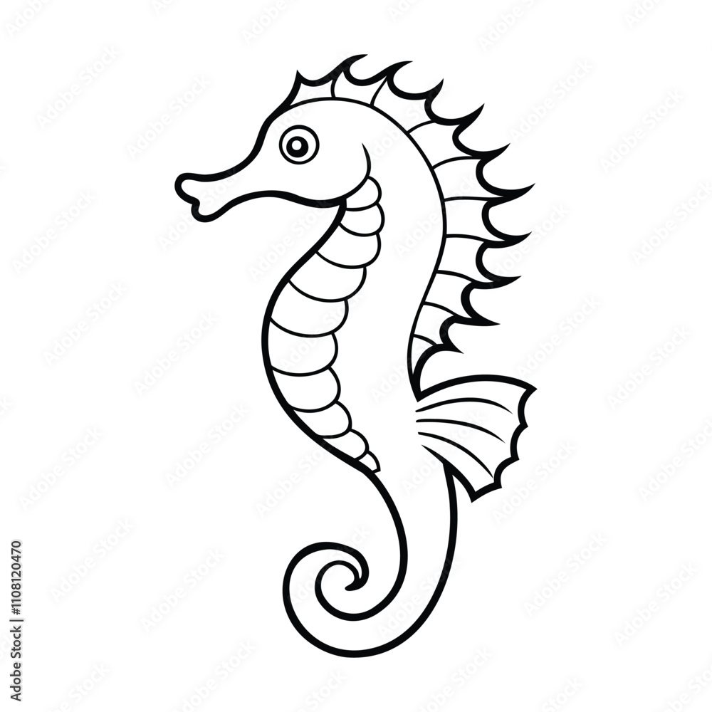 Fototapeta premium Black and white outline illustration of a seahorse with intricate details