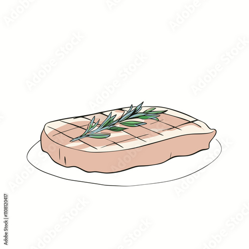 Grilled meat steak with herbs on a plate illustration on a white background