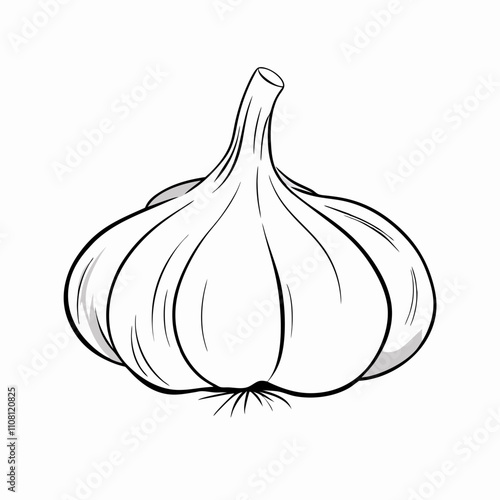  Minimalist black and white line drawing of a garlic bulb in hand-drawn ink sketch style. Concepts: organic market poster, medicinal herb guide, spice section in e-commerce UI