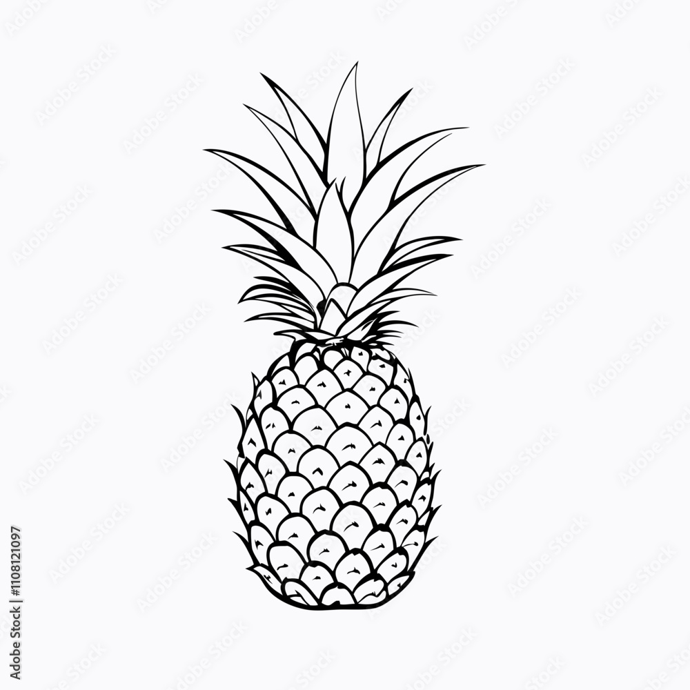 Fototapeta premium Outline illustration of a pineapple on a white background, copy space