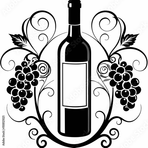 Elegant wine bottle framed by grape clusters with swirling vine decorations. Classic monochrome design features balanced composition. Concept vineyard, winery, sommelier.
