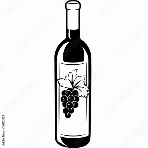 Black and white wine bottle illustration featuring grape bunch and leaves on label. Clean vintage-style design emphasizes bottle shape and classic wine motif. Concept winery, sommelier club.