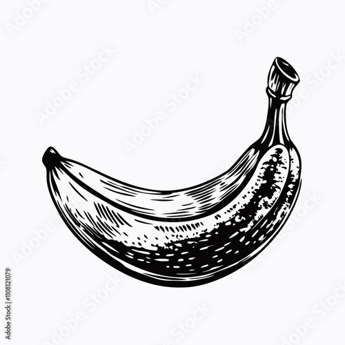 Overripe banana illustration showing browning fruit in vintage botanical style. Detailed textural elements emphasize ripeness in black and white woodcut technique. Concept food waste awareness, compos