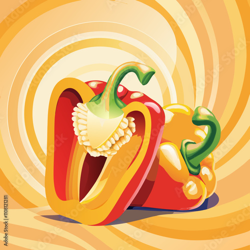 Vibrant illustration of sliced bell peppers on a colorful background, copy space