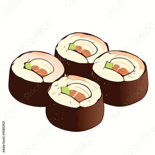Four overlapping maki sushi pieces revealing salmon and avocado filling. Cartoon-style illustration on clean white background. Concept: Japanese restaurant, seafood menu.