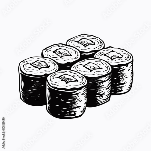 Monochrome sketch of six arranged maki sushi rolls with visible fillings. Vintage-style food illustration with detailed textures. Concept: culinary publication, sushi bar.