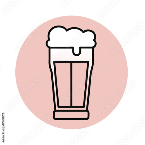 Line art glass of beer with foam, minimalistic illustration on pink background, copy space
