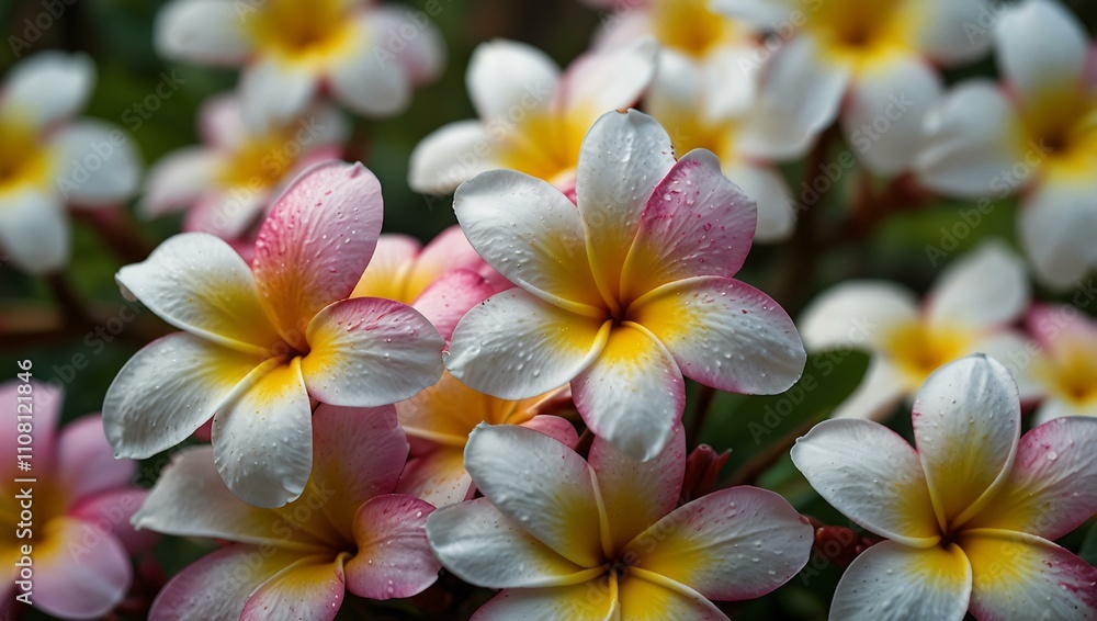 Plumeria blooms in a Hawaiian botanical garden. Plumeria blooms in a Hawaiian botanical garden.