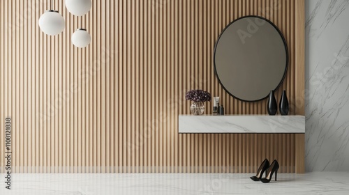 Here's a description and keywords for your image.. Minimalist modern entryway with wood paneling, marble console, and round mirror.