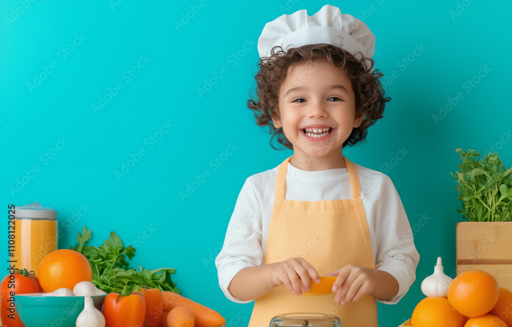 Young chef smiles while preparing fresh vegetables in kitchen Young chef smiles while preparing fresh vegetables in kitchen